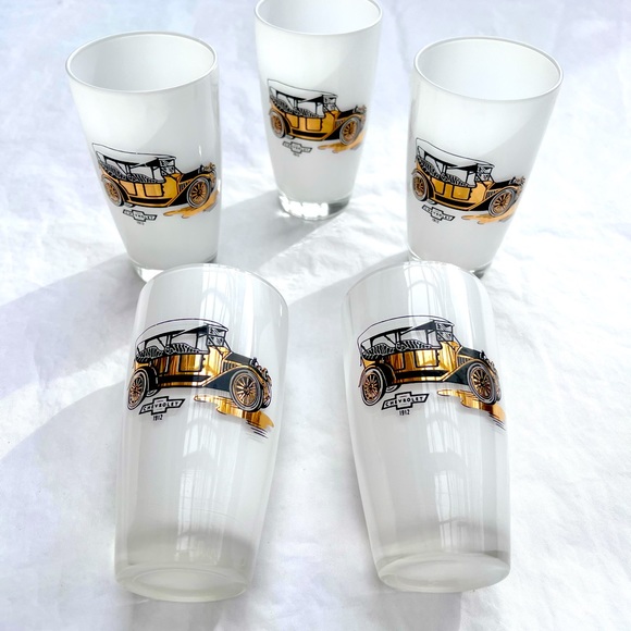 Set of 5 Vintage Cocktail Highball Glasses 1912 Chevrolet Collectible Gold Leaf - Picture 3 of 9
